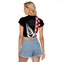 New Zealand ANZAC Day Raglan Cropped T Shirt Soldier Silver Fern with Red Poppies Flower Maori Style LT03 - Polynesian Pride