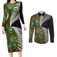 New Zealand Couples Matching Long Sleeve Bodycon Dress and Long Sleeve Button Shirt Koru Abstract Art and Silver Fern Maori Pattern LT03 Green - Polynesian Pride