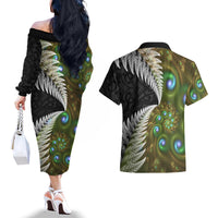 New Zealand Couples Matching Off The Shoulder Long Sleeve Dress and Hawaiian Shirt Koru Abstract Art and Silver Fern Maori Pattern LT03 - Polynesian Pride