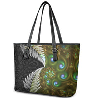 New Zealand Leather Tote Bag Koru Abstract Art and Silver Fern Maori Pattern