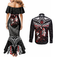 New Zealand Maori Girl Couples Matching Mermaid Dress and Long Sleeve Button Shirt Silver Fern and Koru Pattern LT03 - Polynesian Pride