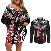 New Zealand Maori Girl Couples Matching Off Shoulder Short Dress and Long Sleeve Button Shirt Silver Fern and Koru Pattern LT03 Black - Polynesian Pride
