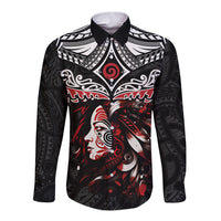 New Zealand Maori Girl Long Sleeve Button Shirt Silver Fern and Koru Pattern LT03 Unisex Black - Polynesian Pride