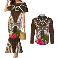 Vanuatu Selebretem 44th Indipendens Dei Couples Matching Mermaid Dress and Long Sleeve Button Shirt Yumi Pig Tusk and Namele Fern LT03 Brown - Polynesian Pride