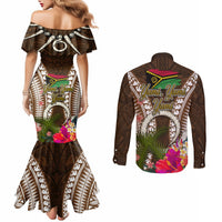 Vanuatu Selebretem 44th Indipendens Dei Couples Matching Mermaid Dress and Long Sleeve Button Shirt Yumi Pig Tusk and Namele Fern LT03 - Polynesian Pride