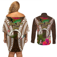 Vanuatu Selebretem 44th Indipendens Dei Couples Matching Off Shoulder Short Dress and Long Sleeve Button Shirt Yumi Pig Tusk and Namele Fern LT03 - Polynesian Pride