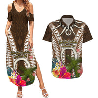 Vanuatu Selebretem 44th Indipendens Dei Couples Matching Summer Maxi Dress and Hawaiian Shirt Yumi Pig Tusk and Namele Fern LT03 Brown - Polynesian Pride