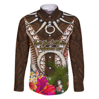 Vanuatu Selebretem 44th Indipendens Dei Family Matching Off Shoulder Short Dress and Hawaiian Shirt Yumi Pig Tusk and Namele Fern LT03 Dad's Shirt - Long Sleeve Brown - Polynesian Pride