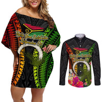 Vanuatu Independence Day Couples Matching Off Shoulder Short Dress and Long Sleeve Button Shirt Tugeta Yumi Selebretem Indipendens Dei LT03 Black - Polynesian Pride