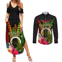 Vanuatu Independence Day Couples Matching Summer Maxi Dress and Long Sleeve Button Shirt Tugeta Yumi Selebretem Indipendens Dei LT03 Black - Polynesian Pride