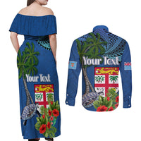 Fiji Independence Day Couples Matching Off Shoulder Maxi Dress and Long Sleeve Button Shirt Fijian Coat of Arms Palm and Hibiscus Tapa Pattern