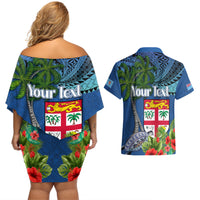 Fiji Independence Day Couples Matching Off Shoulder Short Dress and Hawaiian Shirt Fijian Coat of Arms Palm and Hibiscus Tapa Pattern
