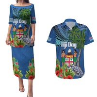 Personalised Fiji Independence Day Couples Matching Puletasi and Hawaiian Shirt Fijian Coat of Arms Palm and Hibiscus Tapa Pattern LT03 Blue - Polynesian Pride