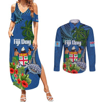 Personalised Fiji Independence Day Couples Matching Summer Maxi Dress and Long Sleeve Button Shirt Fijian Coat of Arms Palm and Hibiscus Tapa Pattern LT03 Blue - Polynesian Pride