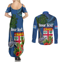 Personalised Fiji Independence Day Couples Matching Summer Maxi Dress and Long Sleeve Button Shirt Fijian Coat of Arms Palm and Hibiscus Tapa Pattern LT03 - Polynesian Pride