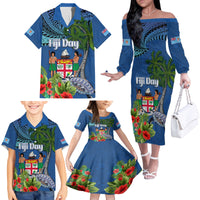 Fiji Independence Day Family Matching Off The Shoulder Long Sleeve Dress and Hawaiian Shirt Fijian Coat of Arms Palm and Hibiscus Tapa Pattern