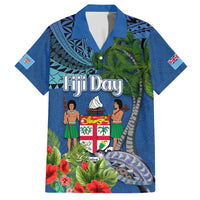 Fiji Independence Day Family Matching Off The Shoulder Long Sleeve Dress and Hawaiian Shirt Fijian Coat of Arms Palm and Hibiscus Tapa Pattern