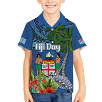 Fiji Independence Day Family Matching Off The Shoulder Long Sleeve Dress and Hawaiian Shirt Fijian Coat of Arms Palm and Hibiscus Tapa Pattern