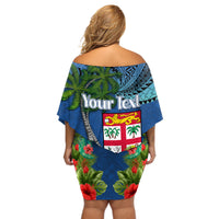 Personalised Fiji Independence Day Off Shoulder Short Dress Fijian Coat of Arms Palm and Hibiscus Tapa Pattern LT03 - Polynesian Pride