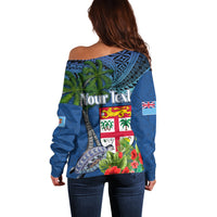 Fiji Independence Day Off Shoulder Sweater Fijian Coat of Arms Palm and Hibiscus Tapa Pattern