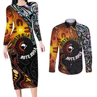 New Zealand and Australia Together Couples Matching Long Sleeve Bodycon Dress and Long Sleeve Button Shirt Maori Tattoo Paua Shell mix Aboriginal Pattern