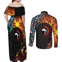 New Zealand and Australia Together Couples Matching Off Shoulder Maxi Dress and Long Sleeve Button Shirt Maori Tattoo Paua Shell mix Aboriginal Pattern
