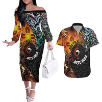 New Zealand and Australia Together Couples Matching Off The Shoulder Long Sleeve Dress and Hawaiian Shirt Maori Tattoo Paua Shell mix Aboriginal Pattern