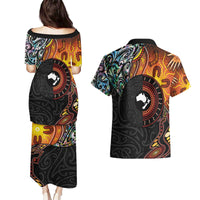 New Zealand and Australia Together Couples Matching Puletasi and Hawaiian Shirt Maori Tattoo Paua Shell mix Aboriginal Pattern