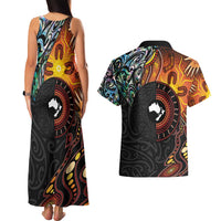 New Zealand and Australia Together Couples Matching Tank Maxi Dress and Hawaiian Shirt Maori Tattoo Paua Shell mix Aboriginal Pattern