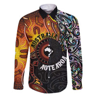 New Zealand and Australia Together Family Matching Off The Shoulder Long Sleeve Dress and Hawaiian Shirt Maori Tattoo Paua Shell mix Aboriginal Pattern