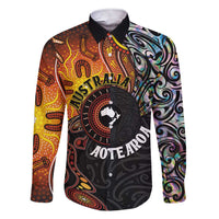 New Zealand and Australia Together Family Matching Short Sleeve Bodycon Dress and Hawaiian Shirt Maori Tattoo Paua Shell mix Aboriginal Pattern