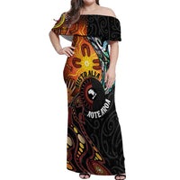 New Zealand and Australia Together Off Shoulder Maxi Dress Maori Tattoo Paua Shell mix Aboriginal Pattern LT03 Women Black - Polynesian Pride