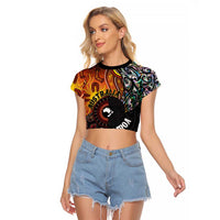 New Zealand and Australia Together Raglan Cropped T Shirt Maori Tattoo Paua Shell mix Aboriginal Pattern LT03 Female Black - Polynesian Pride