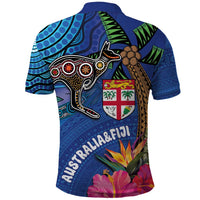 Fiji and Australia Together Polo Shirt Aboriginal Kangaroo and Tapa Tribal Hibiscus