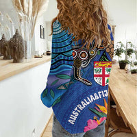 Fiji and Australia Together Women Casual Shirt Aboriginal Kangaroo and Tapa Tribal Hibiscus