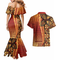 Samoan Pacific Tribal Flower Geometric Art Tattoos Couples Matching Mermaid Dress and Hawaiian Shirt Siapo Pattern Flame Sunset - Polynesian Pride