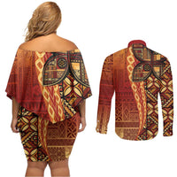 Samoan Pacific Tribal Flower Geometric Art Tattoos Couples Matching Off Shoulder Short Dress and Long Sleeve Button Shirt Siapo Pattern Flame Sunset - Polynesian Pride