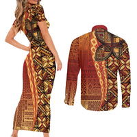 Samoan Pacific Tribal Flower Geometric Art Tattoos Couples Matching Short Sleeve Bodycon Dress and Long Sleeve Button Shirt Siapo Pattern Flame Sunset - Polynesian Pride