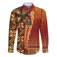 Samoan Pacific Tribal Flower Geometric Art Tattoos Family Matching Off The Shoulder Long Sleeve Dress and Hawaiian Shirt Siapo Pattern Flame Sunset - Polynesian Pride