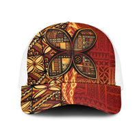 Samoan Pacific Tribal Flower Geometric Art Tattoos Mesh Trucker Cap Siapo Pattern Flame Sunset LT03 One Size White Red - Polynesian Pride