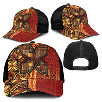 Samoan Pacific Tribal Flower Geometric Art Tattoos Mesh Trucker Cap Siapo Pattern Flame Sunset - Polynesian Pride