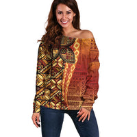 Samoan Pacific Tribal Flower Geometric Art Tattoos Off Shoulder Sweater Siapo Pattern Flame Sunset - Polynesian Pride