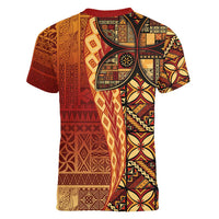 Samoan Pacific Tribal Flower Geometric Art Tattoos Women V-Neck T-Shirt Siapo Pattern Flame Sunset - Polynesian Pride