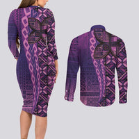Samoan Pacific Tribal Flower Geometric Art Tattoos Couples Matching Long Sleeve Bodycon Dress and Long Sleeve Button Shirt Siapo Pattern Purple Haze - Polynesian Pride