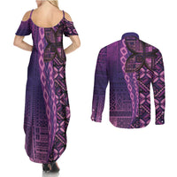 Samoan Pacific Tribal Flower Geometric Art Tattoos Couples Matching Summer Maxi Dress and Long Sleeve Button Shirt Siapo Pattern Purple Haze - Polynesian Pride