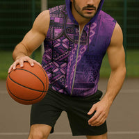 Samoan Pacific Tribal Flower Geometric Art Tattoos Sleeveless Zip Hoodie Siapo Pattern Purple Haze - Polynesian Pride