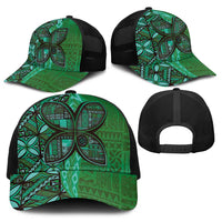Samoan Pacific Tribal Flower Geometric Art Tattoos Baseball Net Cap Siapo Pattern Emerald Glow - Polynesian Pride