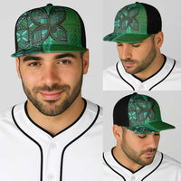 Samoan Pacific Tribal Flower Geometric Art Tattoos Baseball Net Cap Siapo Pattern Emerald Glow - Polynesian Pride