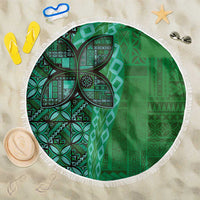 Samoan Pacific Tribal Flower Geometric Art Tattoos Beach Blanket Siapo Pattern Emerald Glow - Polynesian Pride