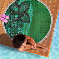 Samoan Pacific Tribal Flower Geometric Art Tattoos Beach Blanket Siapo Pattern Emerald Glow - Polynesian Pride